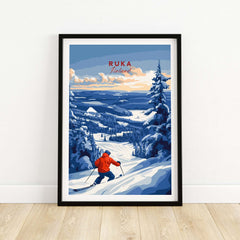 Ski landscape art featuring Ruka Finland, showcasing snowy slopes and a skier in red against a winter sky.