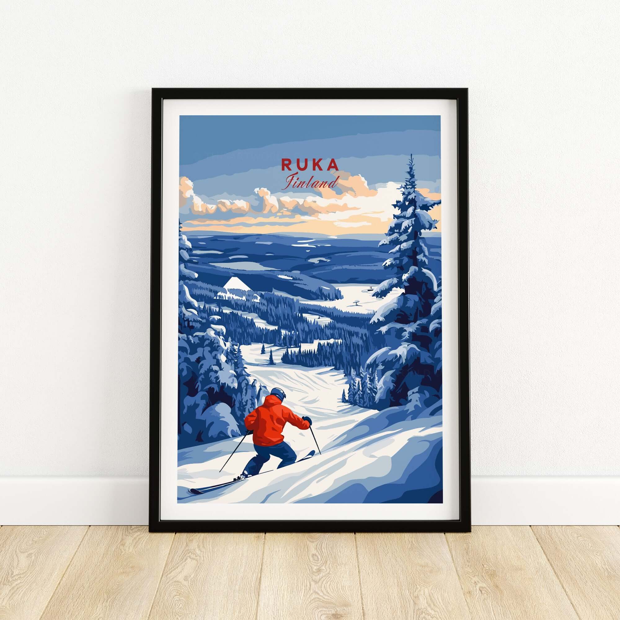 Ski landscape art featuring Ruka Finland, showcasing snowy slopes and a skier in red against a winter sky.
