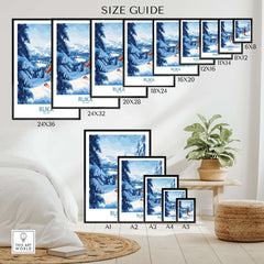 Size guide for Lapland Ski Scene Wall Art, showcasing various frame sizes for winter sports decor.