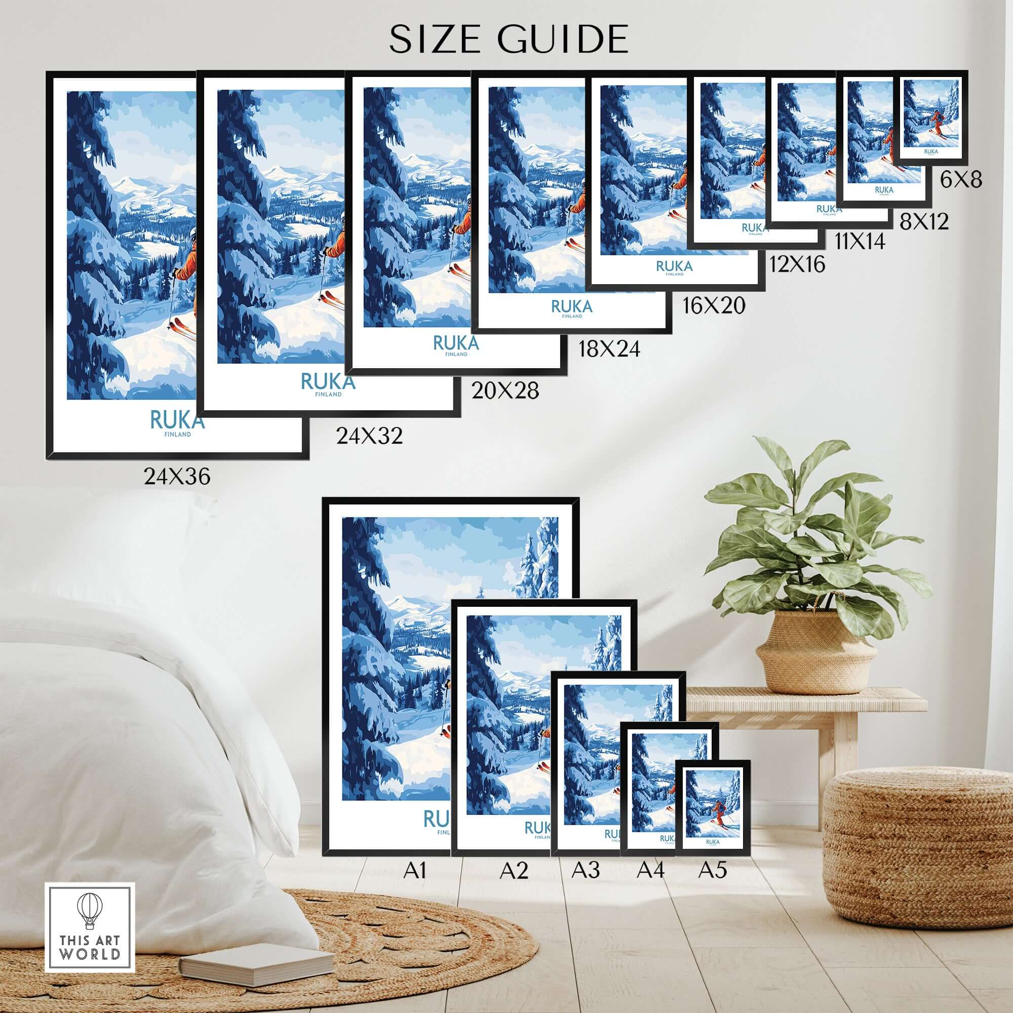 Size guide for Lapland Ski Scene Wall Art, showcasing various frame sizes for winter sports decor.