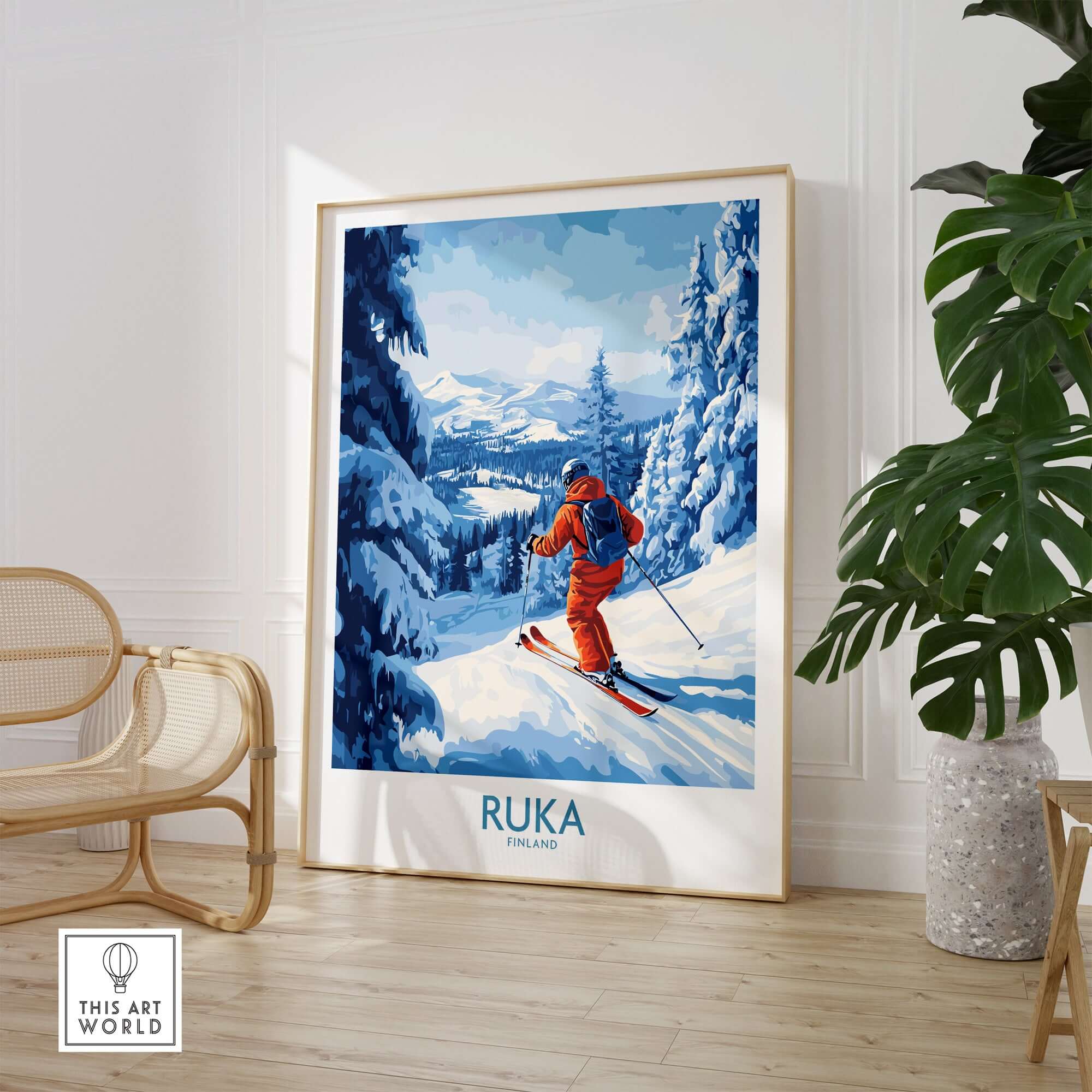 Lapland Ski Scene Wall Art featuring a skier in Ruka, Finland, perfect for winter sports decor and ski lovers.