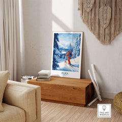 Lapland Ski Scene Wall Art featuring a skier at Ruka, Finland, perfect for winter sports decor and cozy interiors.