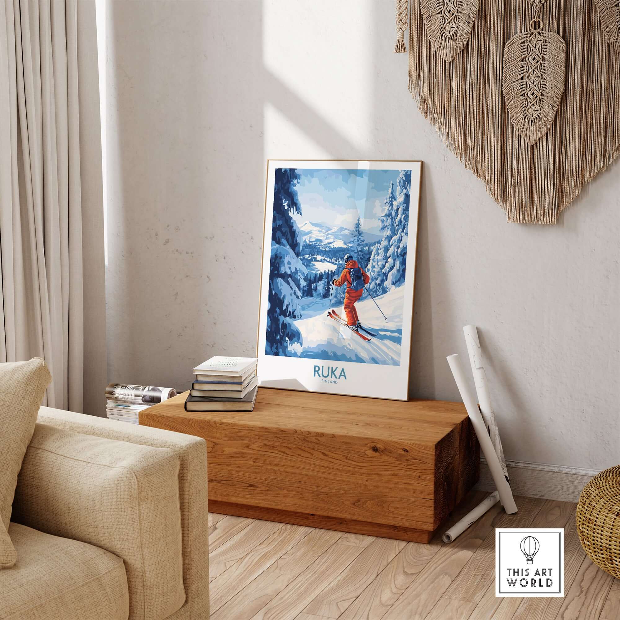 Lapland Ski Scene Wall Art featuring a skier at Ruka, Finland, perfect for winter sports decor and cozy interiors.