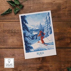 Lapland ski scene wall art featuring a skier at Ruka, Finland, surrounded by snowy landscapes and winter sports decor.