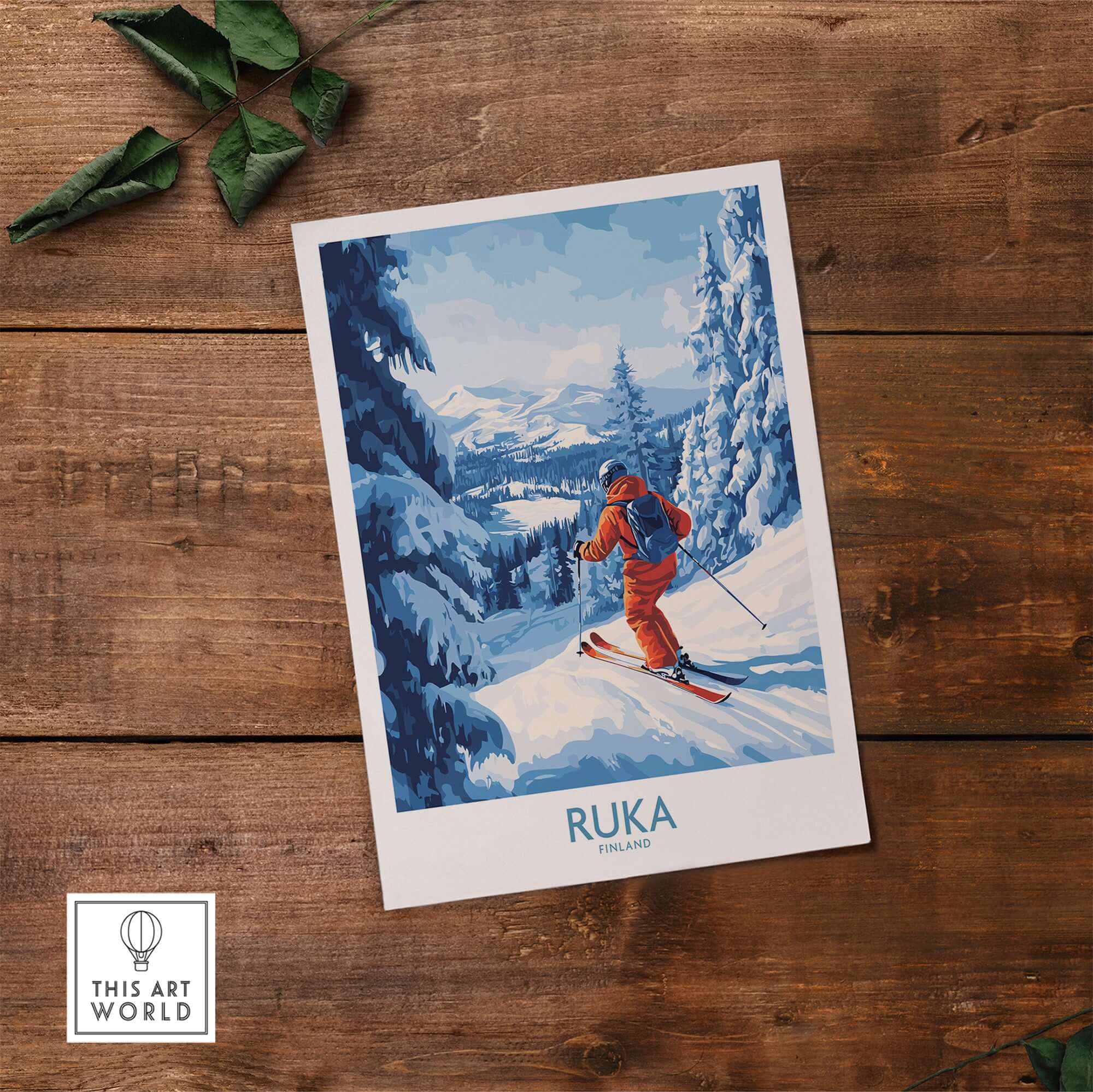 Lapland ski scene wall art featuring a skier at Ruka, Finland, surrounded by snowy landscapes and winter sports decor.