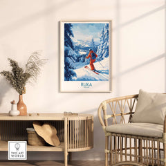 Lapland ski scene wall art featuring a skier in Ruka, Finland, in a cozy living room setting.