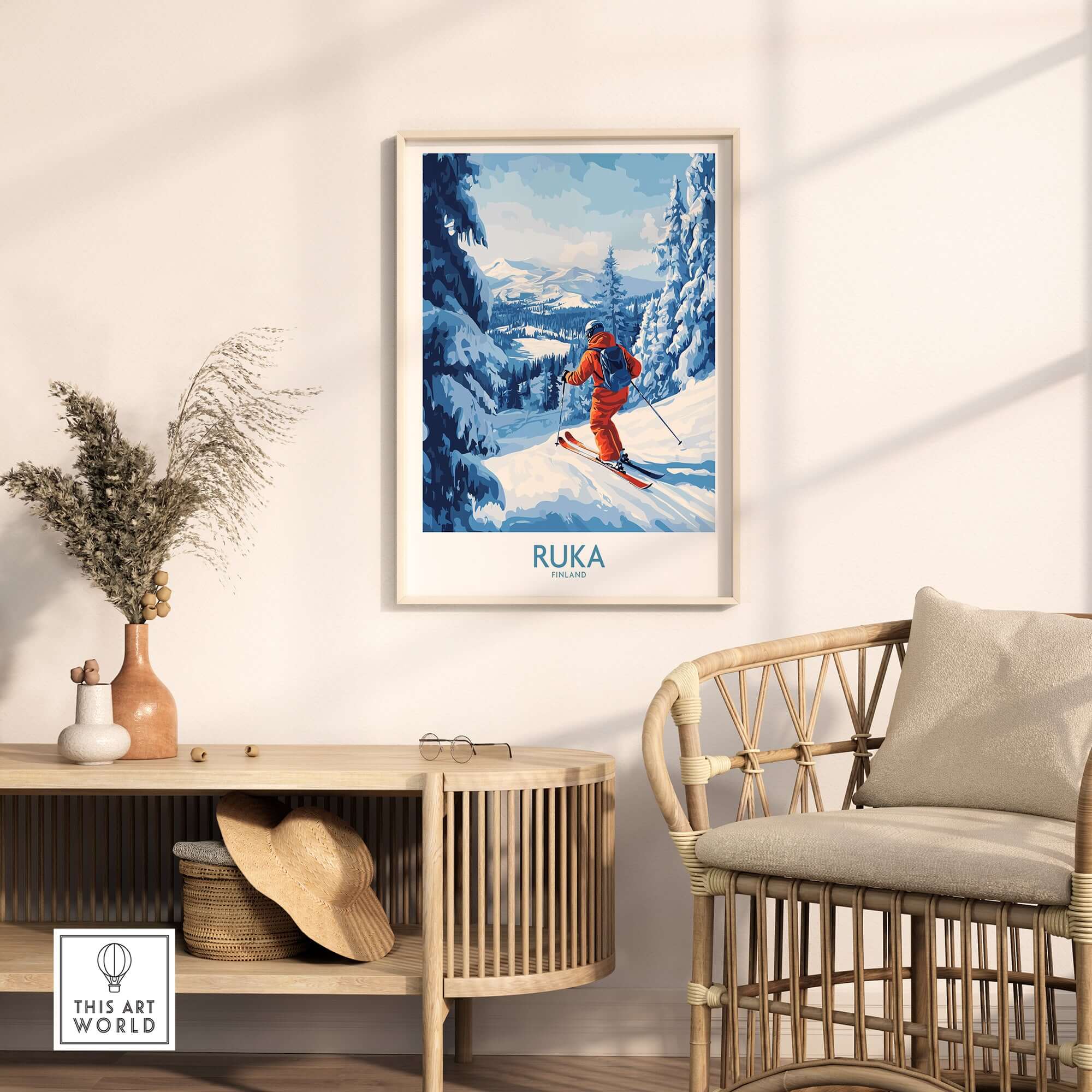 Lapland ski scene wall art featuring a skier in Ruka, Finland, in a cozy living room setting.