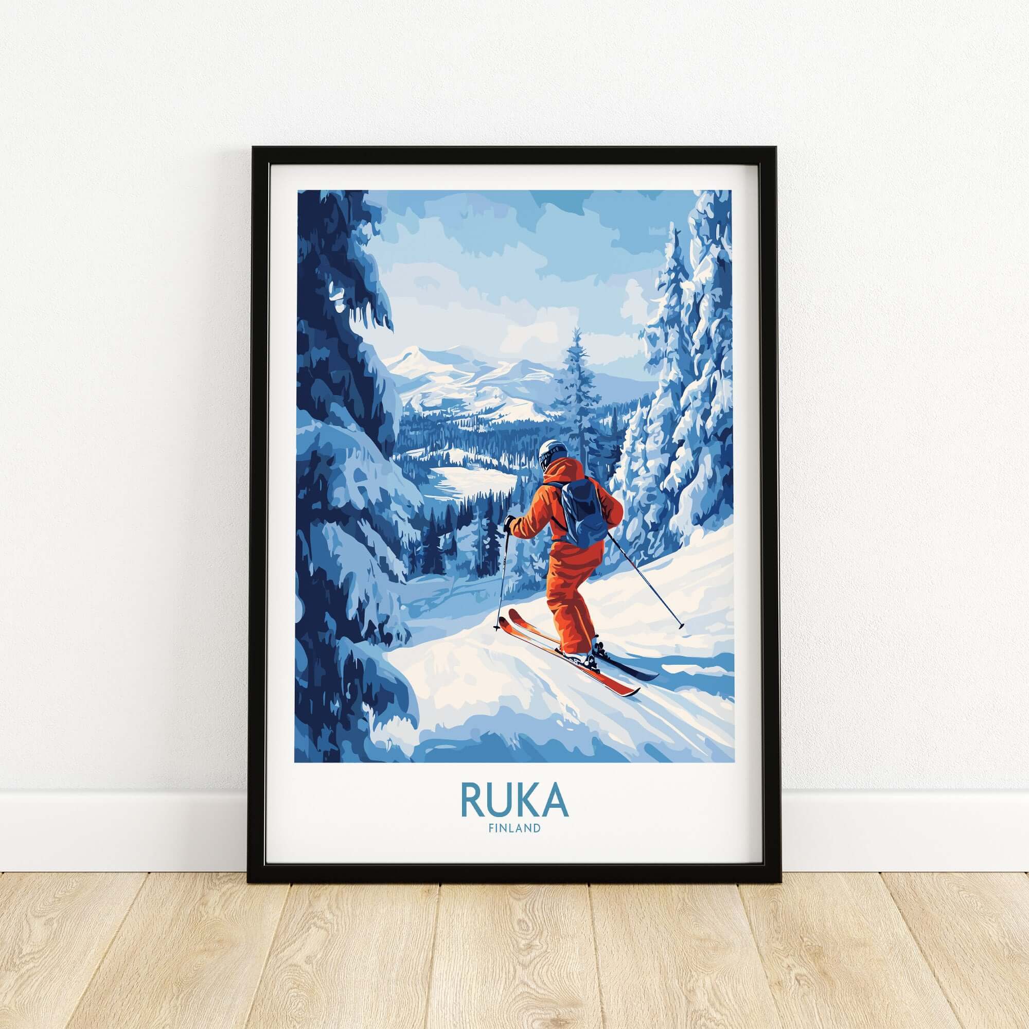 Lapland ski scene wall art featuring a skier in Ruka Finland, ideal for winter sports decor and Nordic landscape lovers.