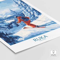 Ruka Finland ski wall art featuring a skier in fresh powder, perfect for winter sports decor and capturing Nordic beauty.