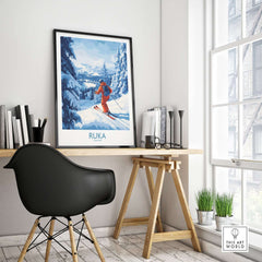 Lapland ski scene wall art featuring a skier in Ruka, Finland, perfect for winter sports decor and cozy indoor atmosphere.