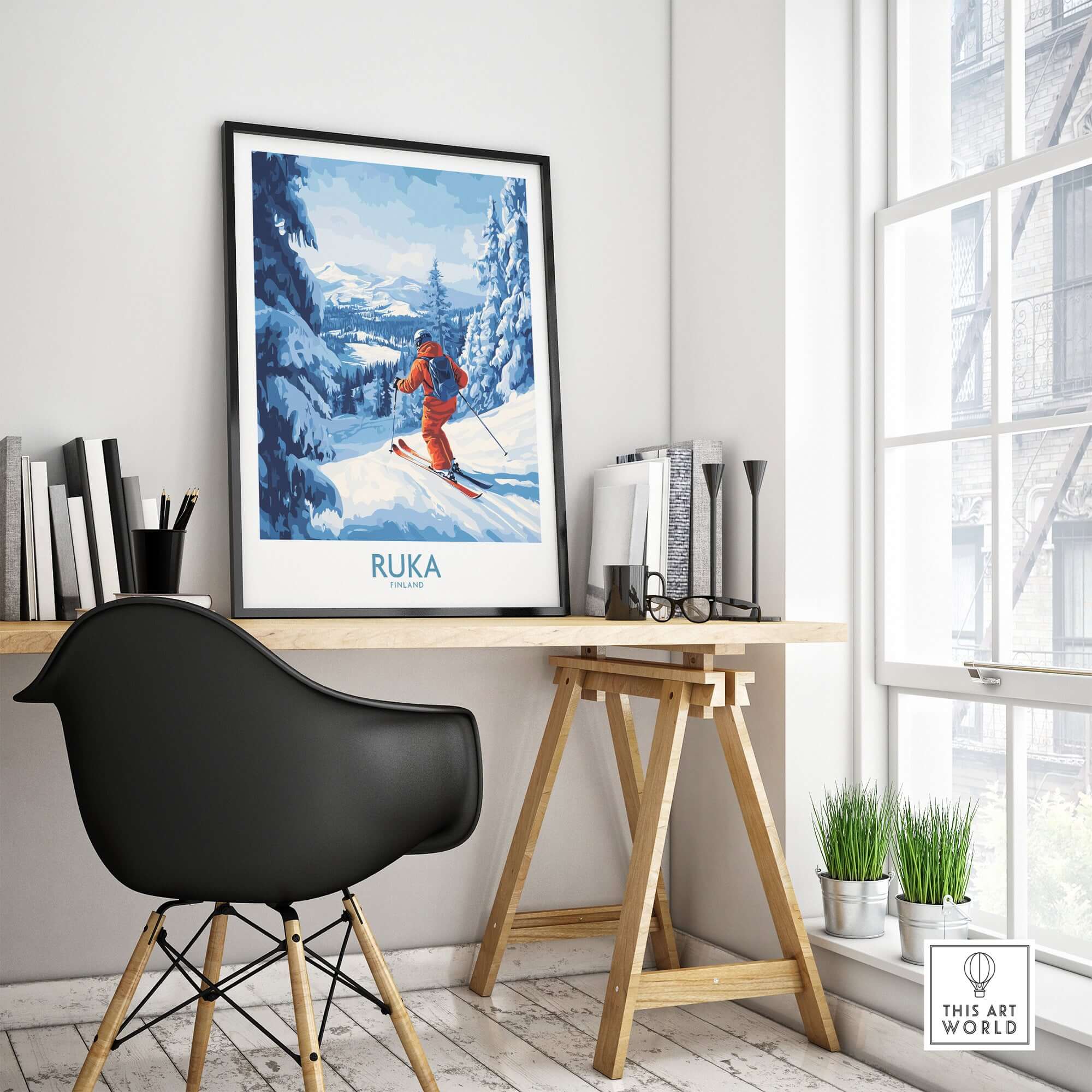 Lapland ski scene wall art featuring a skier in Ruka, Finland, perfect for winter sports decor and cozy indoor atmosphere.