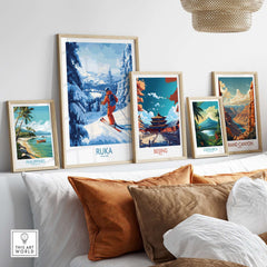 Gallery of travel-themed wall art featuring Ruka Finland ski scene and other destinations, enhancing home decor.
