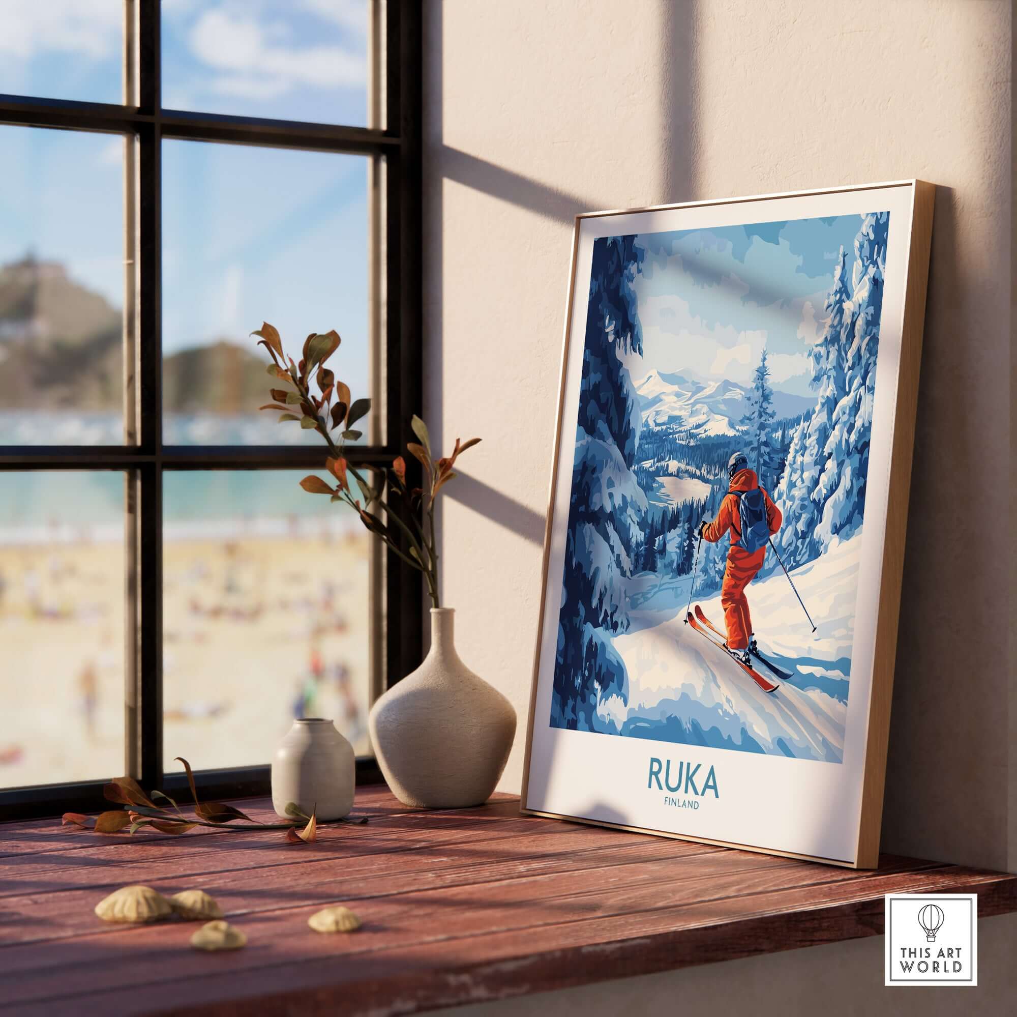 Lapland ski scene wall art featuring a skier at Ruka Finland, perfect for winter sports decor and cozy interiors.