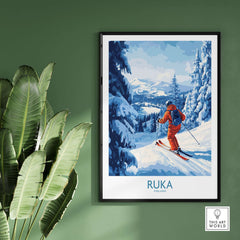 Lapland ski scene wall art featuring skier at Ruka, Finland, surrounded by snowy landscapes, perfect for winter sports decor.