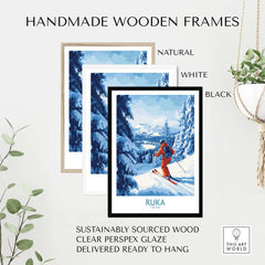 Handmade wooden frames for ski scene wall art featuring natural, white, and black finishes.