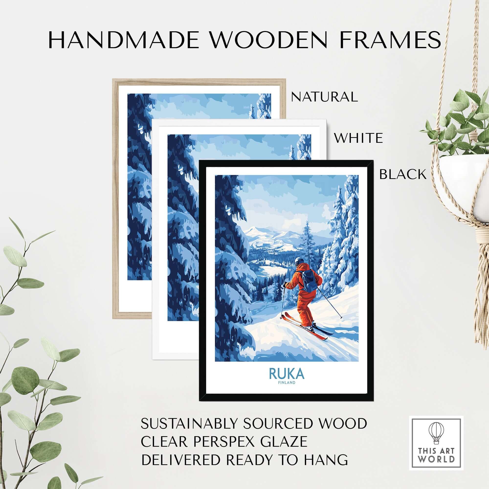 Handmade wooden frames for ski scene wall art featuring natural, white, and black finishes.