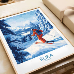 Lapland Ski Scene Wall Art featuring a skier in Ruka, Finland, framed decor perfect for winter sports enthusiasts.