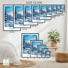 Lapland Wall Art size guide showcasing various framed prints of scenic landscapes from Lapland.