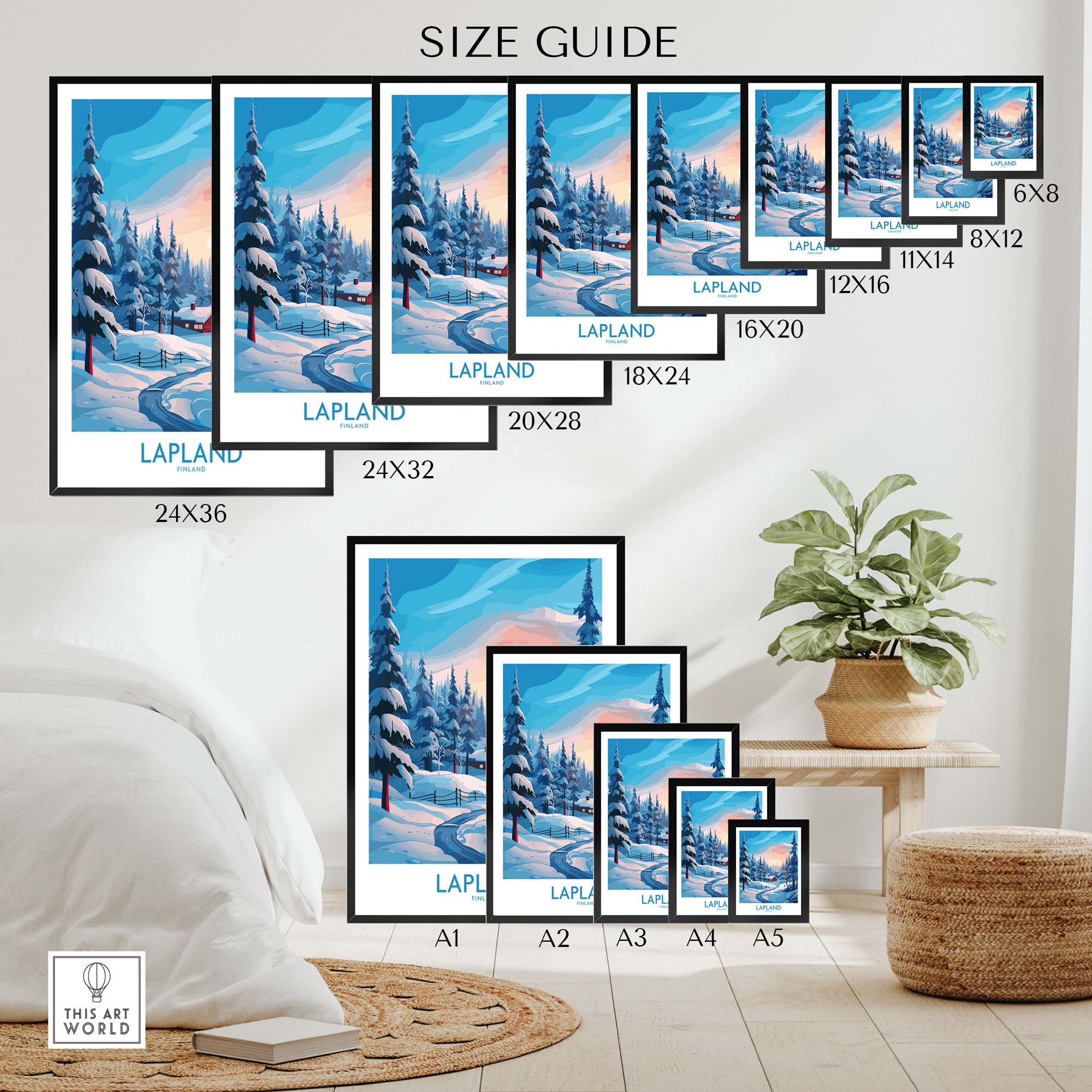 Lapland Wall Art size guide showcasing various framed prints of scenic landscapes from Lapland.