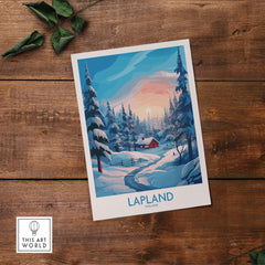 Lapland Wall Art featuring a snowy landscape of Finland with a red cabin and pine trees.