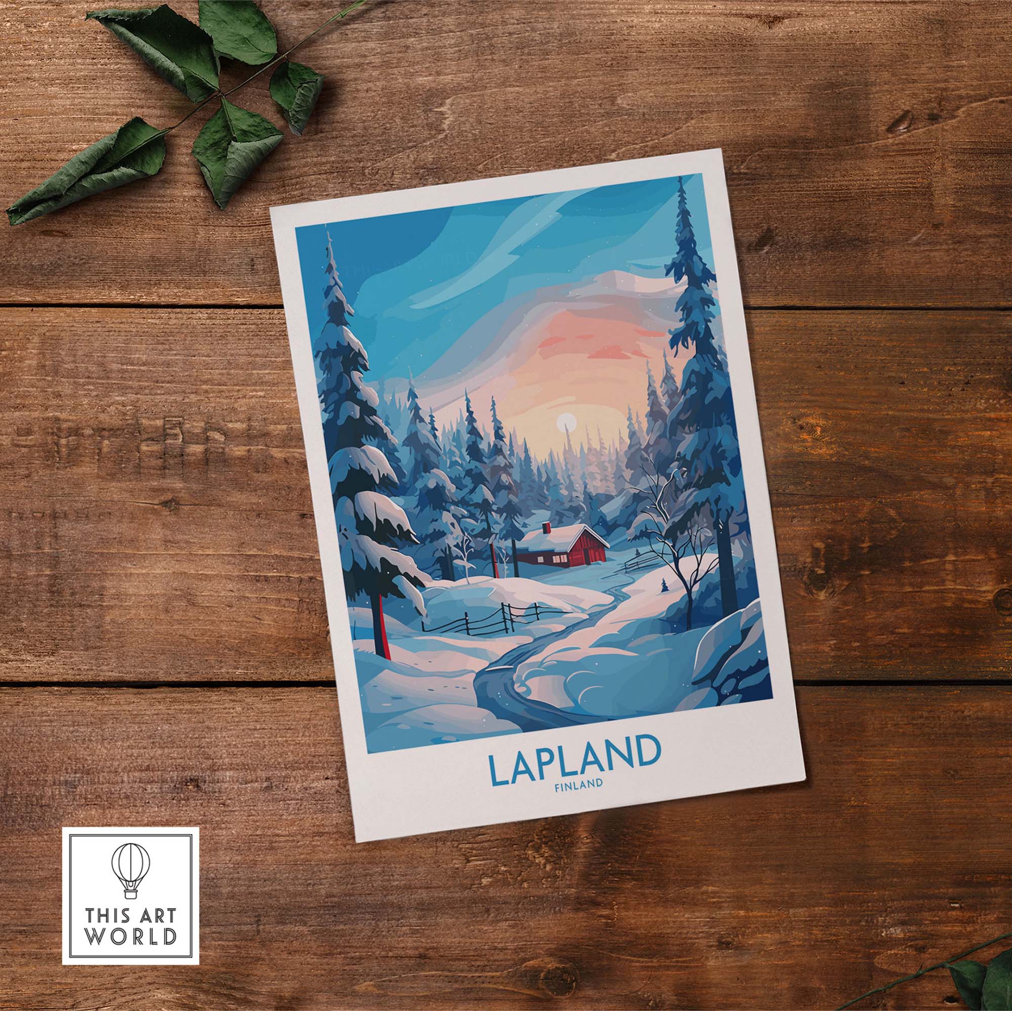 Lapland Wall Art featuring a snowy landscape of Finland with a red cabin and pine trees.