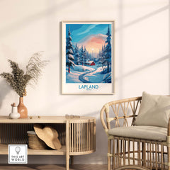 Lapland Wall Art featuring a serene winter landscape with a cabin and snow-covered trees.