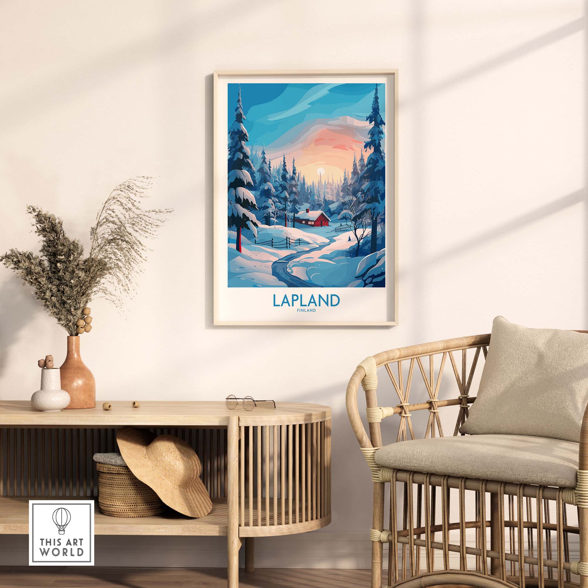 Lapland Wall Art featuring a serene winter landscape with a cabin and snow-covered trees.
