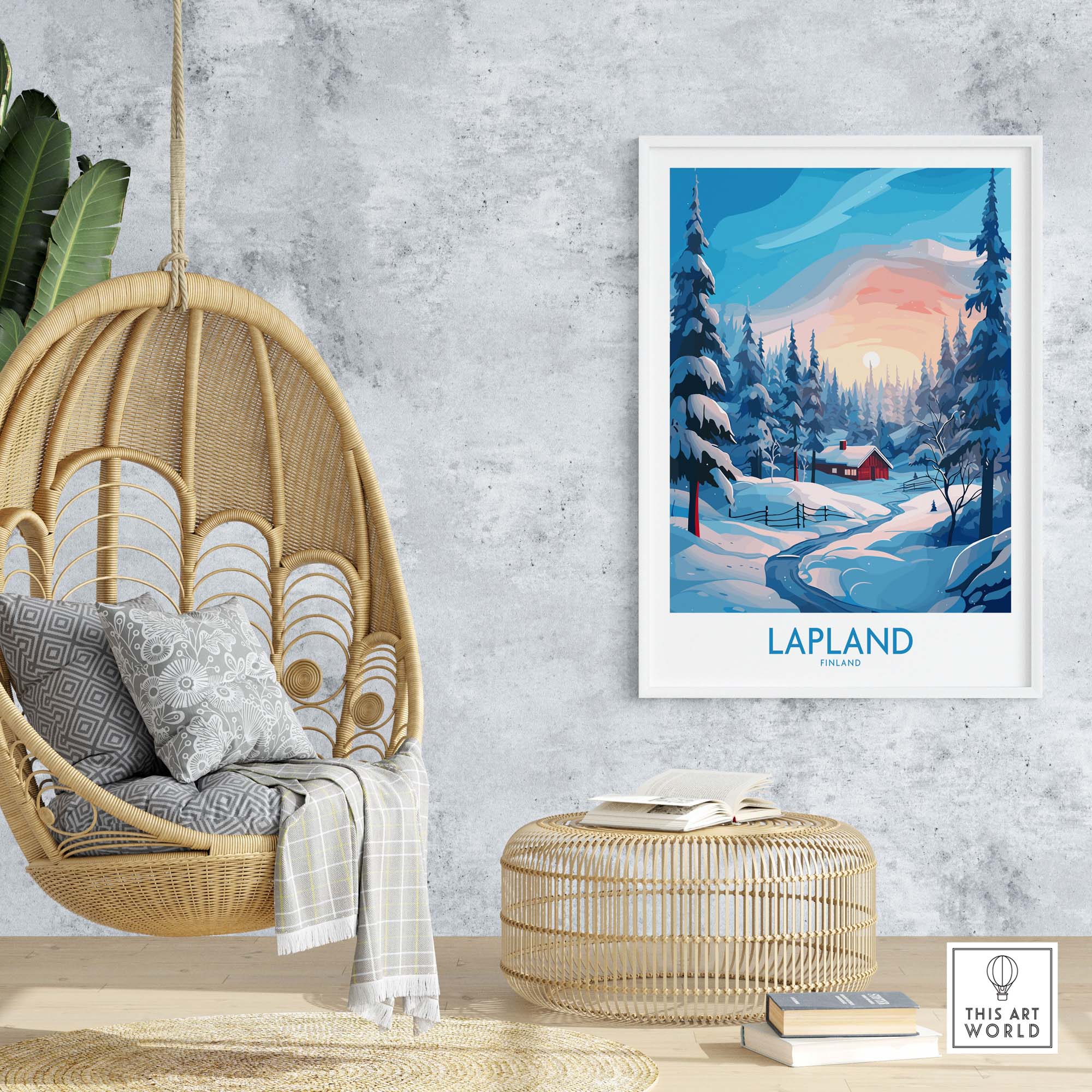 Lapland Wall Art depicting a winter landscape with a cozy red cabin, perfect for enhancing home decor.