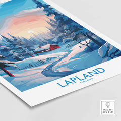 Lapland Wall Art showcasing a snowy landscape with a red cabin and pine trees in Finland.