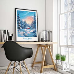 Lapland Wall Art displayed in a stylish interior featuring a serene winter landscape.