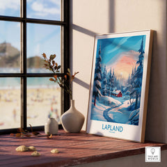 Lapland Wall Art showcasing a snowy landscape with a cozy cabin, perfect for home decor and travel memories.