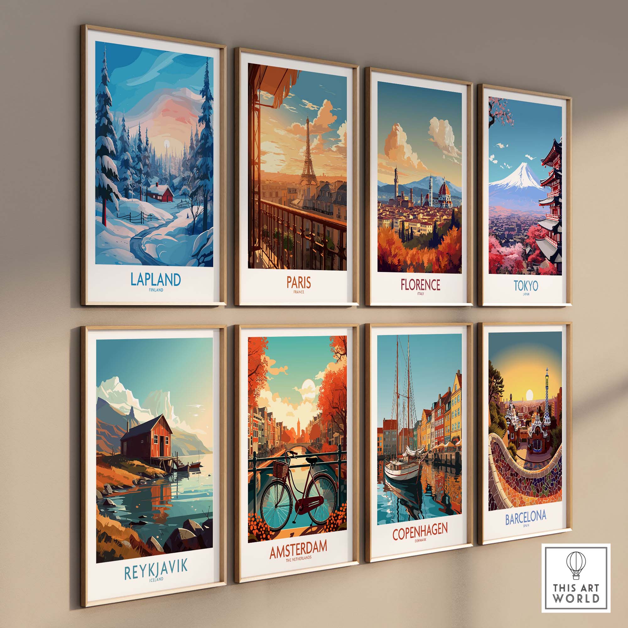 Lapland Wall Art showcasing beautiful landscapes from various destinations including Lapland, Paris, and Barcelona.