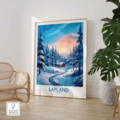 Lapland Wall Art showcasing a winter scene in Finland with snow-covered trees and a cozy cabin.