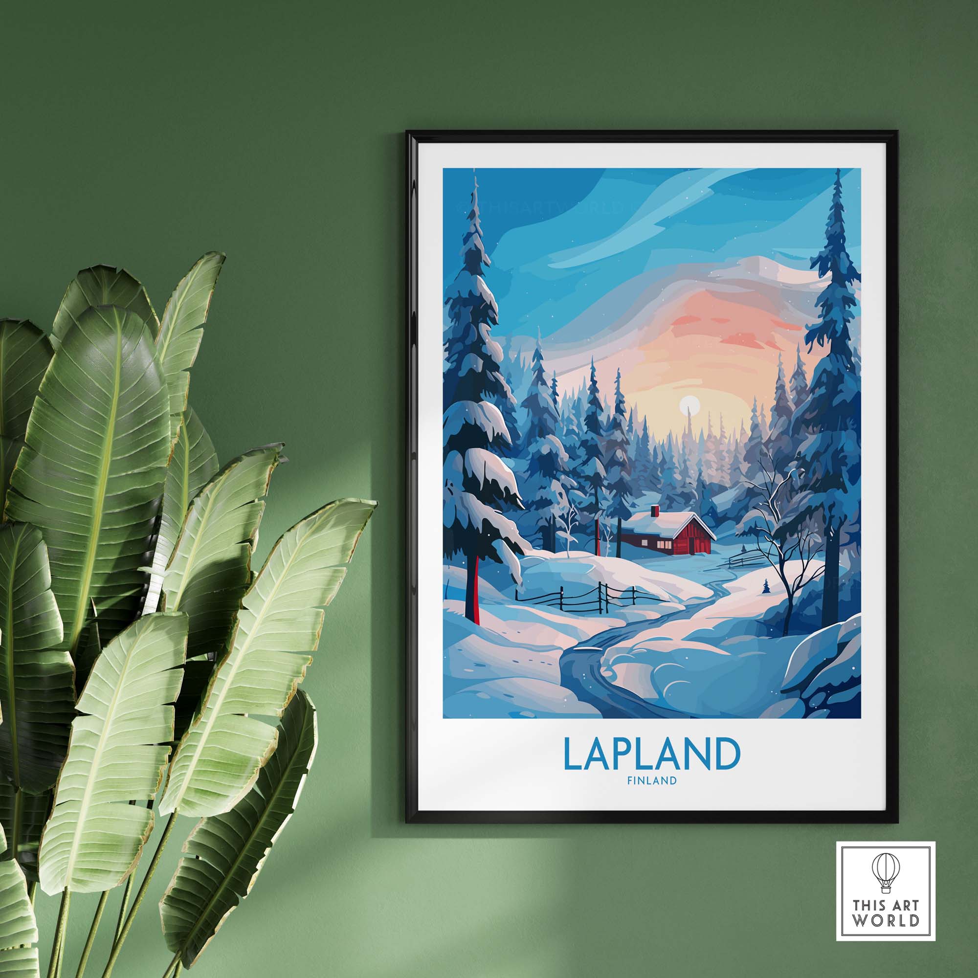 Lapland Wall Art showcasing a winter landscape with trees and a cabin in Finland, perfect for travel memories.