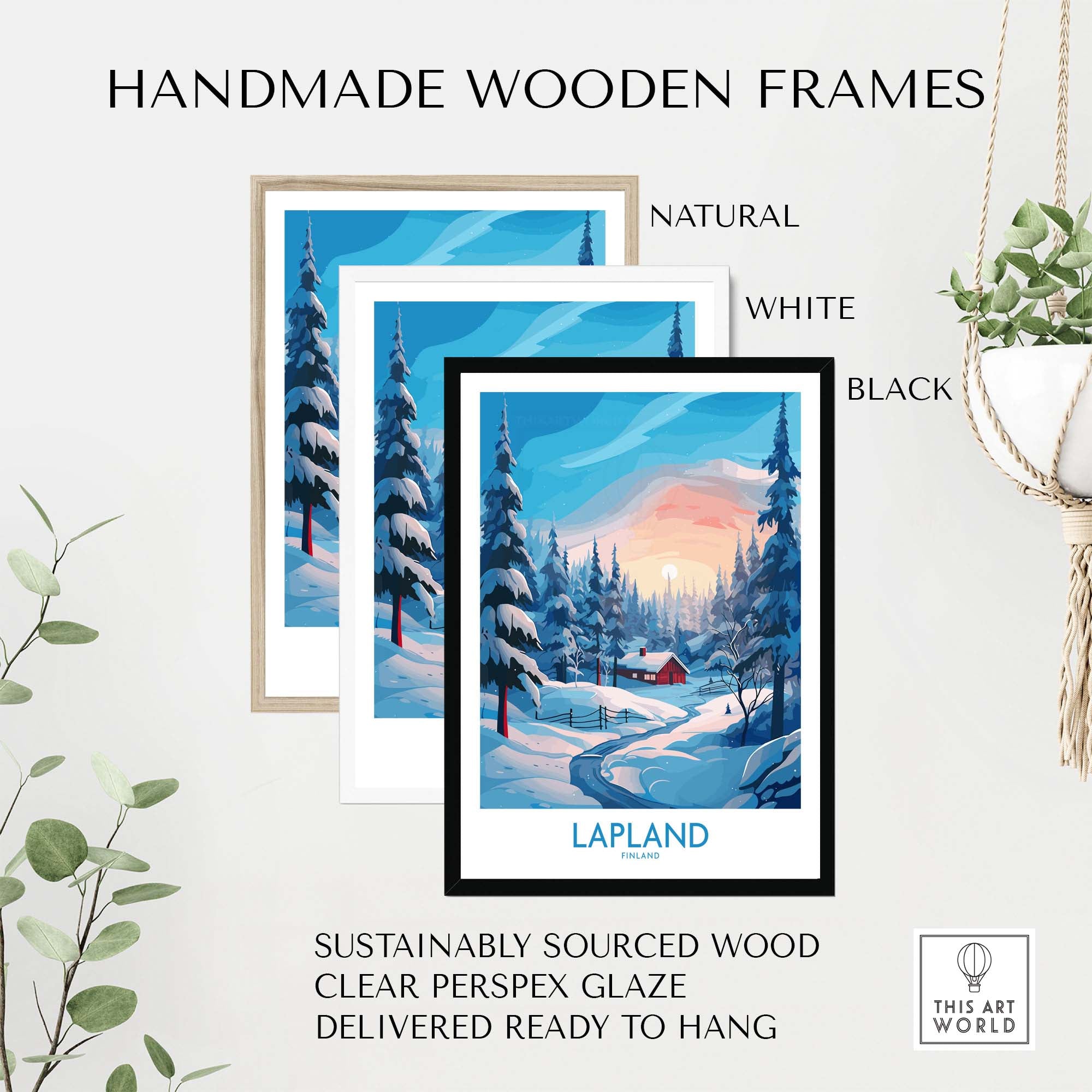 Lapland Wall Art displayed in handmade wooden frames in natural, white, and black finishes.