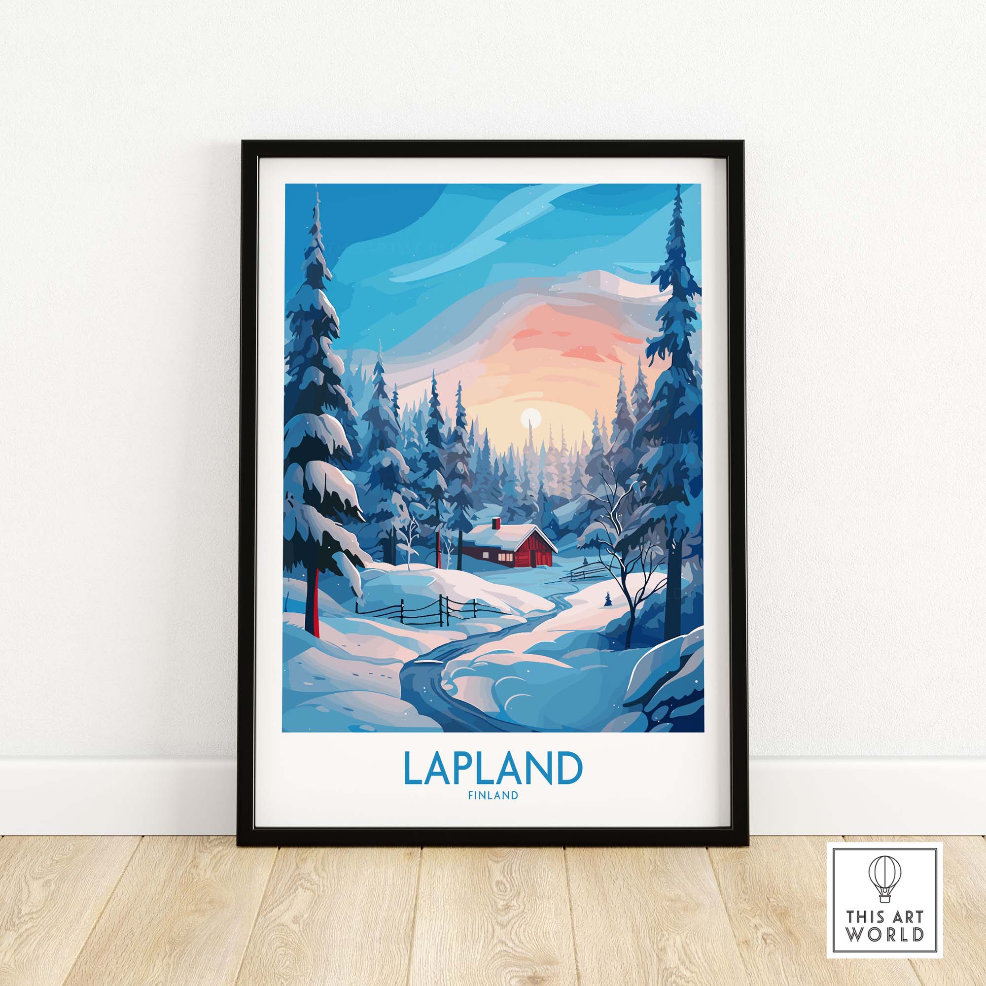 Lapland Wall Art showcasing a winter landscape in Finland with trees and a sunset.