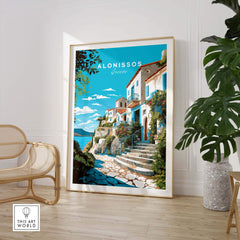 Vibrant Alonissos Greece travel poster print featuring stunning coastal landscapes and picturesque houses.