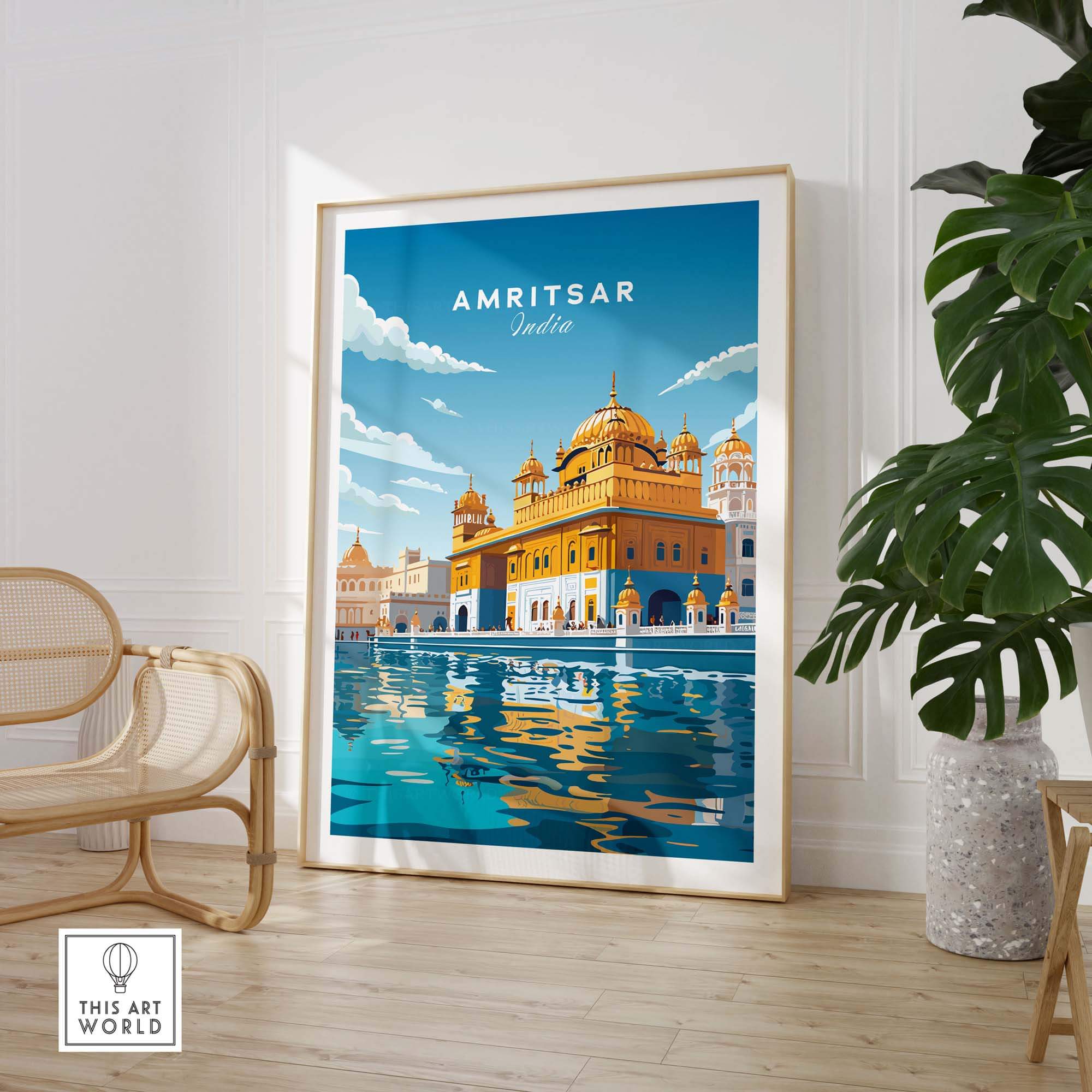 Amritsar India travel poster print featuring the Golden Temple in vibrant colors, ideal for home decor and gifts.
