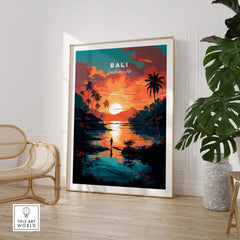 Bali wall art featuring a sunset over water, palm trees, and a silhouette of a person, perfect for home decor.