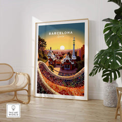 Barcelona Travel Poster Print showcasing vibrant Catalan architecture and sunset, perfect for home decor and Spanish culture lovers.