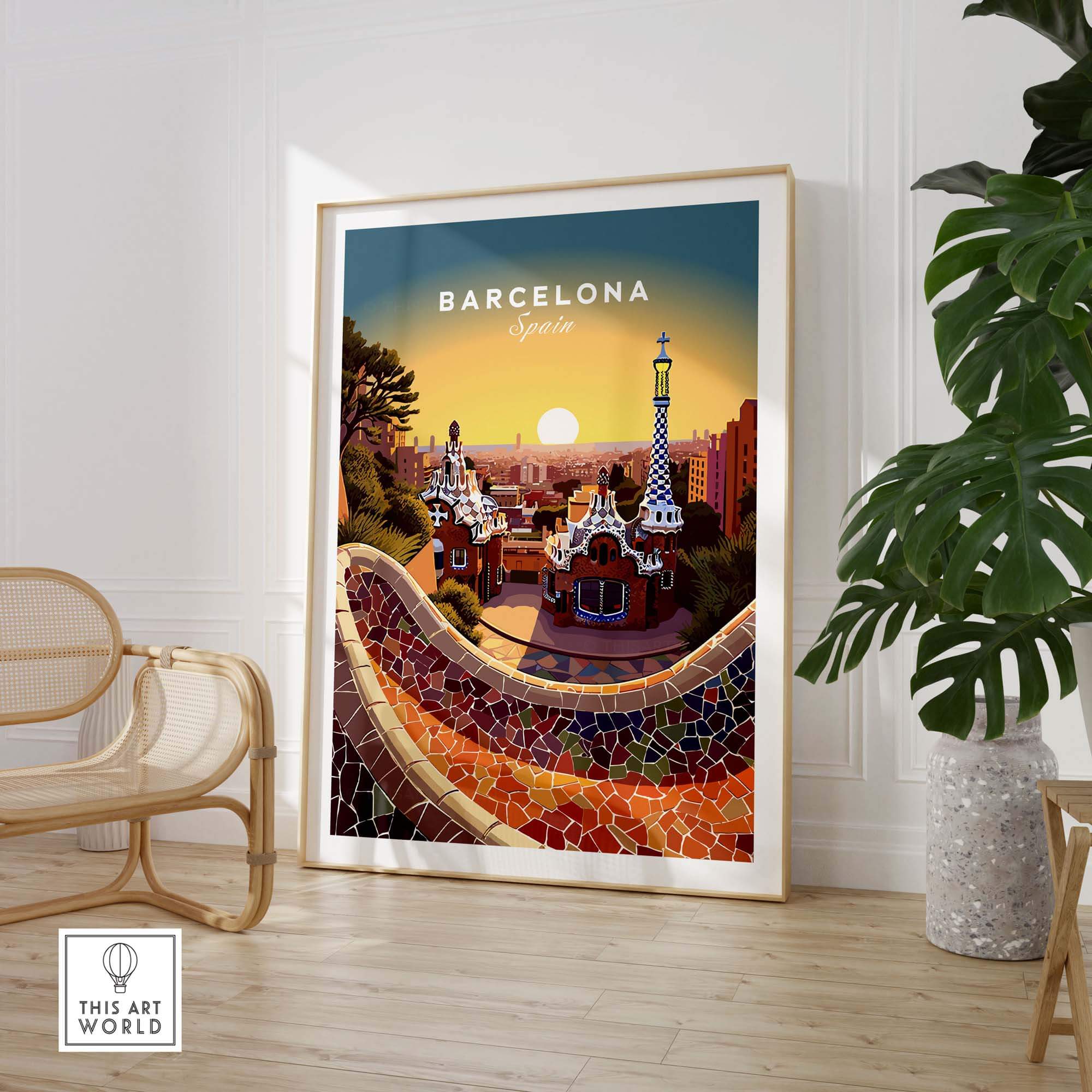 Barcelona Travel Poster Print showcasing vibrant Catalan architecture and sunset, perfect for home decor and Spanish culture lovers.