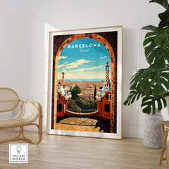 Barcelona Poster featuring Park Güell, showcasing vibrant colors and iconic architecture, perfect for home decor.