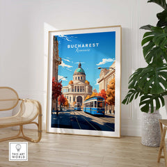 Bucharest poster showcasing vibrant cityscape with historic architecture and tram, perfect for travel-themed decor.