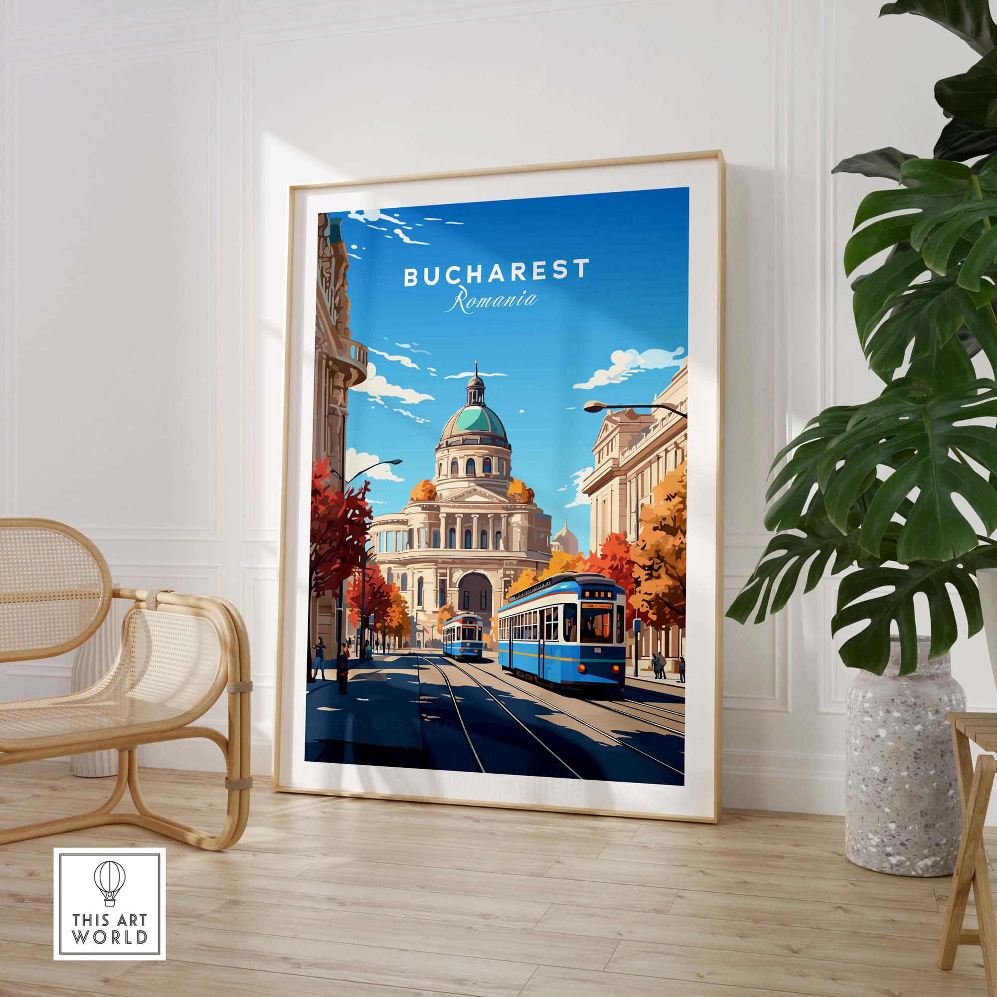 Bucharest poster showcasing vibrant cityscape with historic architecture and tram, perfect for travel-themed decor.