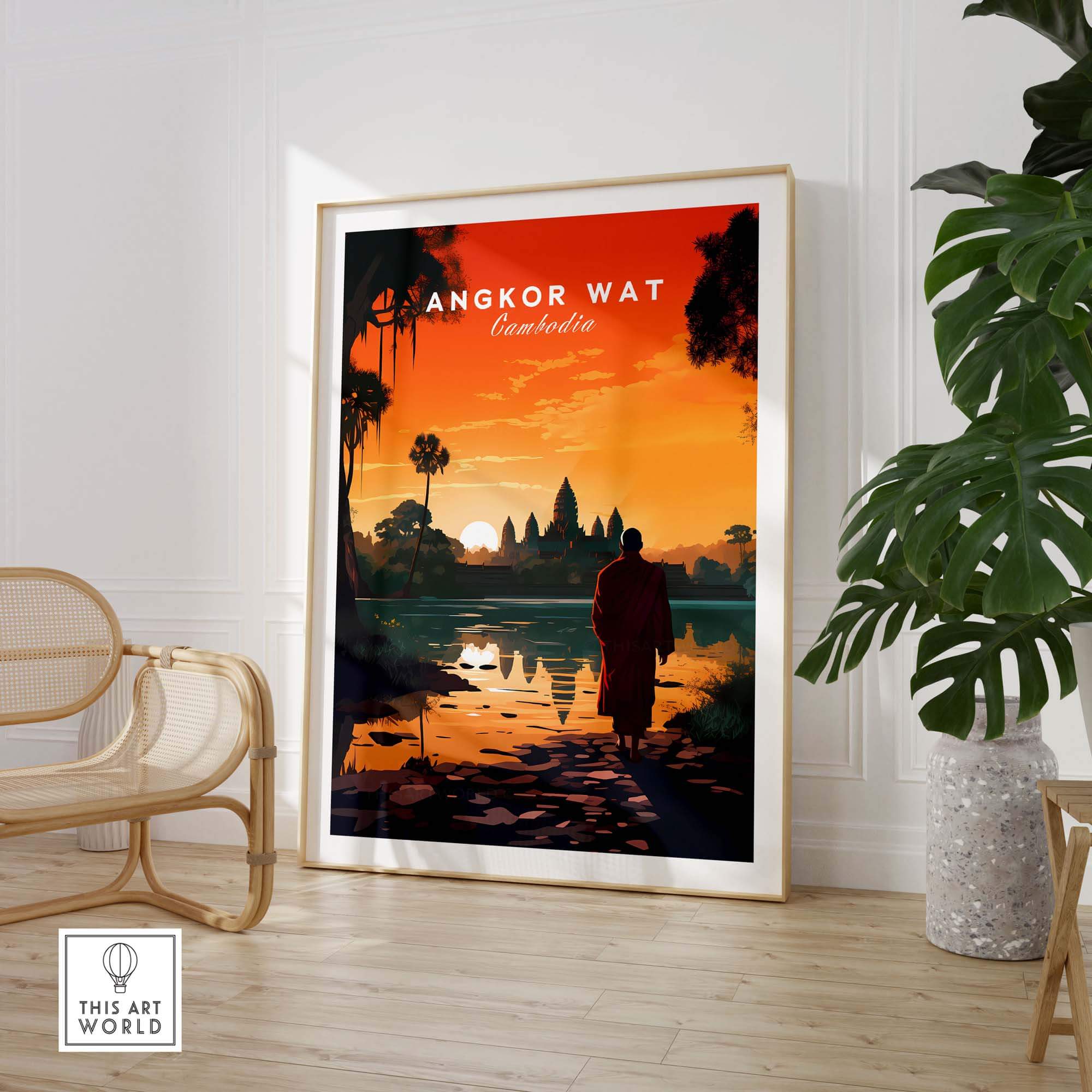 Angkor Wat Wall Art in a stylish home setting, capturing Cambodia's iconic beauty and sunset ambiance.