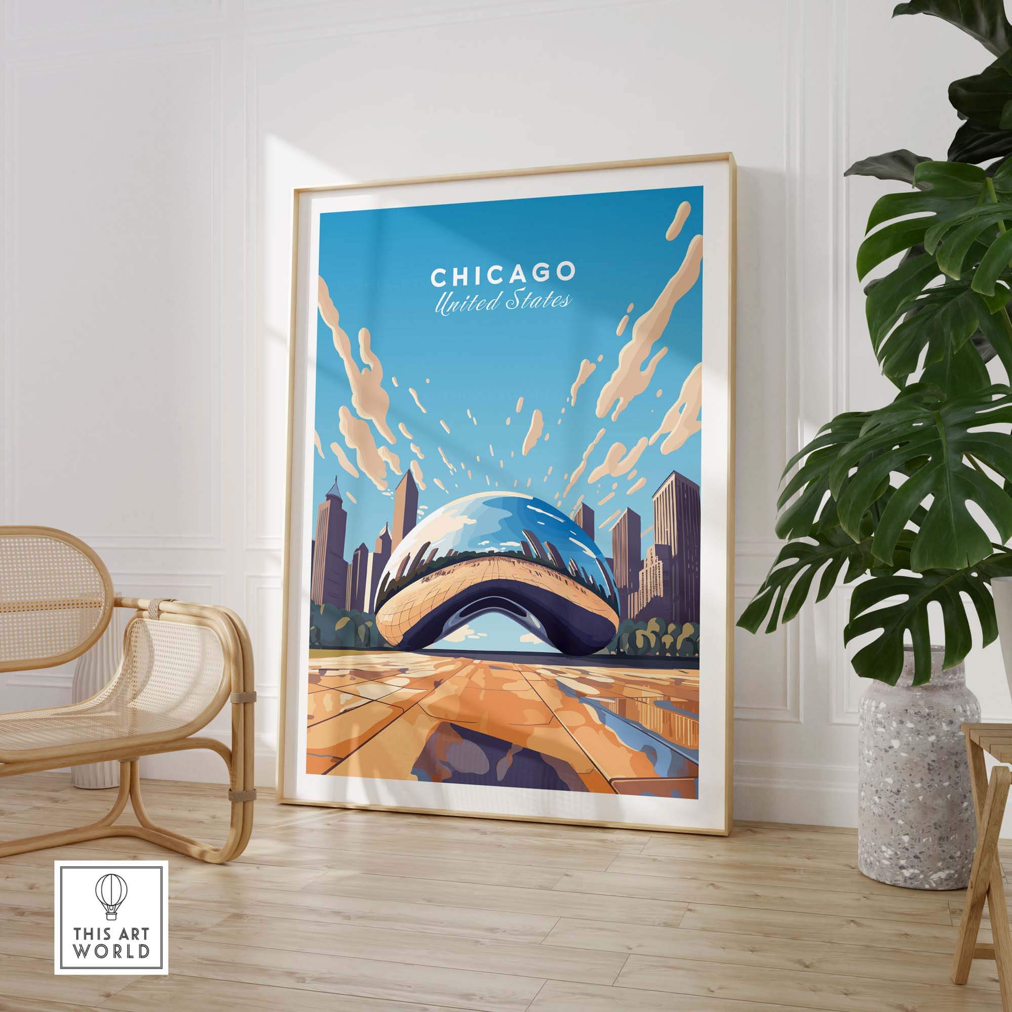 Chicago Print featuring The Cloud Gate, a vibrant poster symbolizing Chicago, framed in a stylish interior setting.
