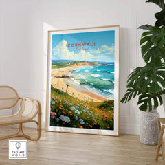 Cornwall art print showcasing a vibrant seascape with flowers, perfect for beach-themed home decor.