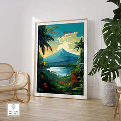 Costa Rica print featuring Arenal Volcano and tropical landscapes, framed in a stylish interior setting.