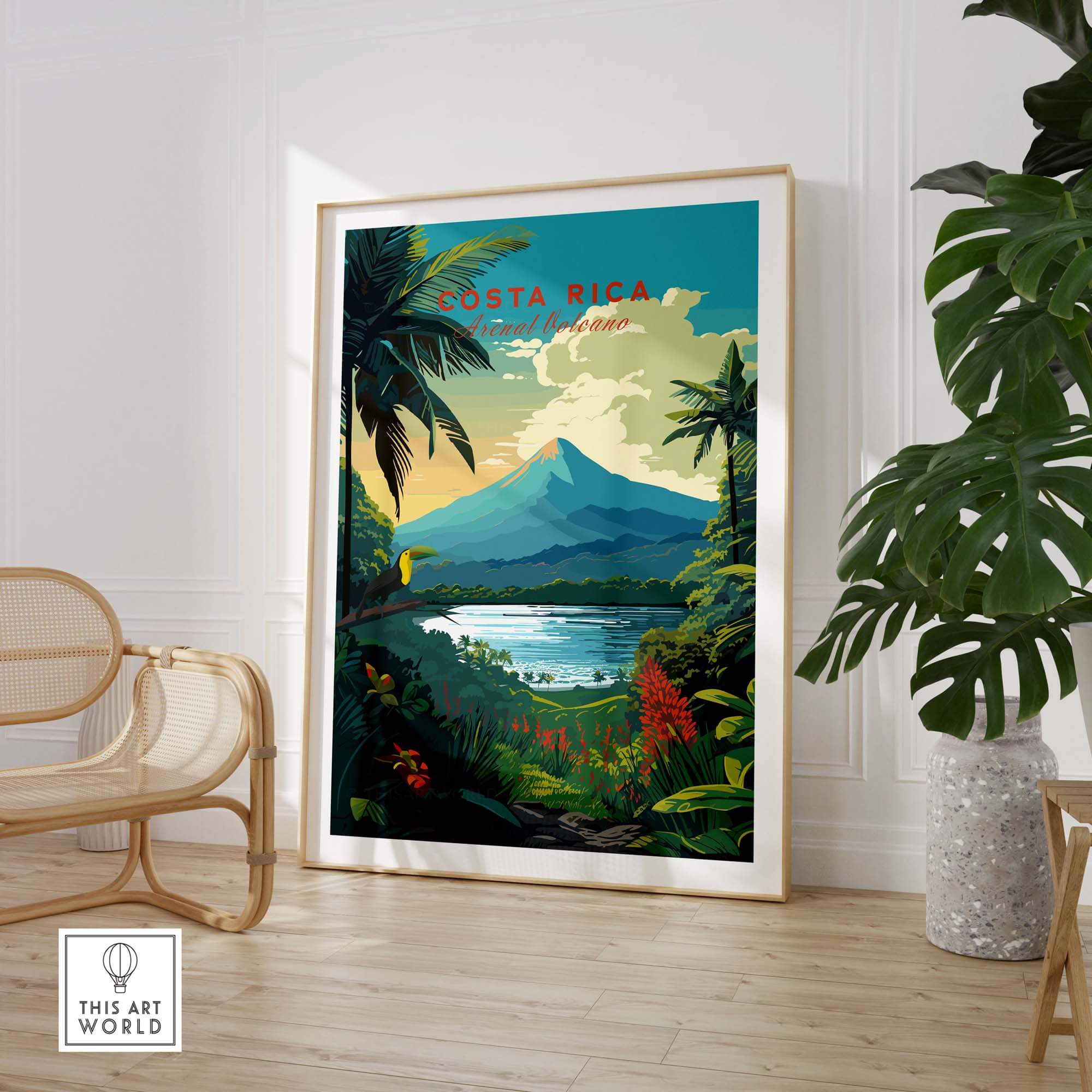 Costa Rica print featuring Arenal Volcano and tropical landscapes, framed in a stylish interior setting.
