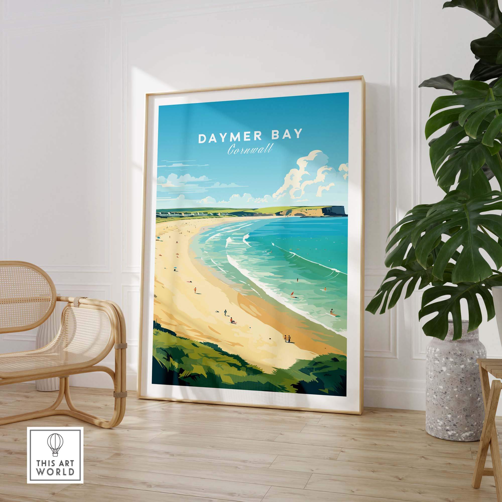 Daymer Bay Cornwall Print showcasing the coastal landscape, perfect for home decor and travel inspiration.